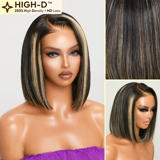 Left Bob Straight | ReaLux High-D Luxury Wig: 250% Density+9x6 HD Lace Pre-Plucked&Bleached 100% Real Human Hair Wigs