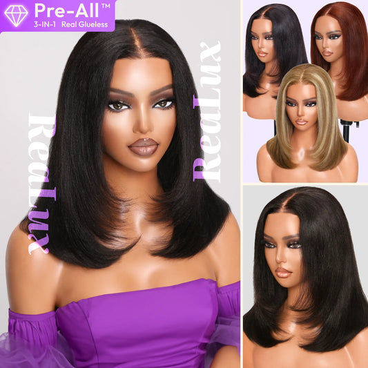 Layered-Cut | ReaLux Pre-All Glueless Wig Real 180% Density BOB Yaki Straight 13x4 HD Lace Pre-Plucked&Bleached&Cut Beginner Friendly Invisible Knots Tech