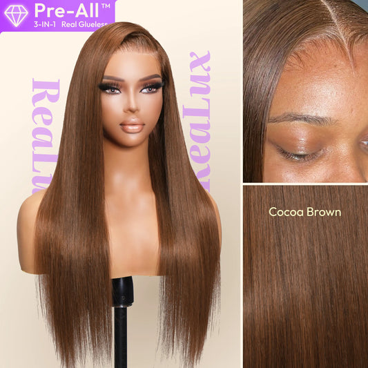 Cocoa Brown | ReaLux Pre-All Glueless Wig Real 180% Density Silky Straight 13x4 HD Lace Pre-Plucked&Bleached&Cut Beginner Friendly Invisible Knots Tech